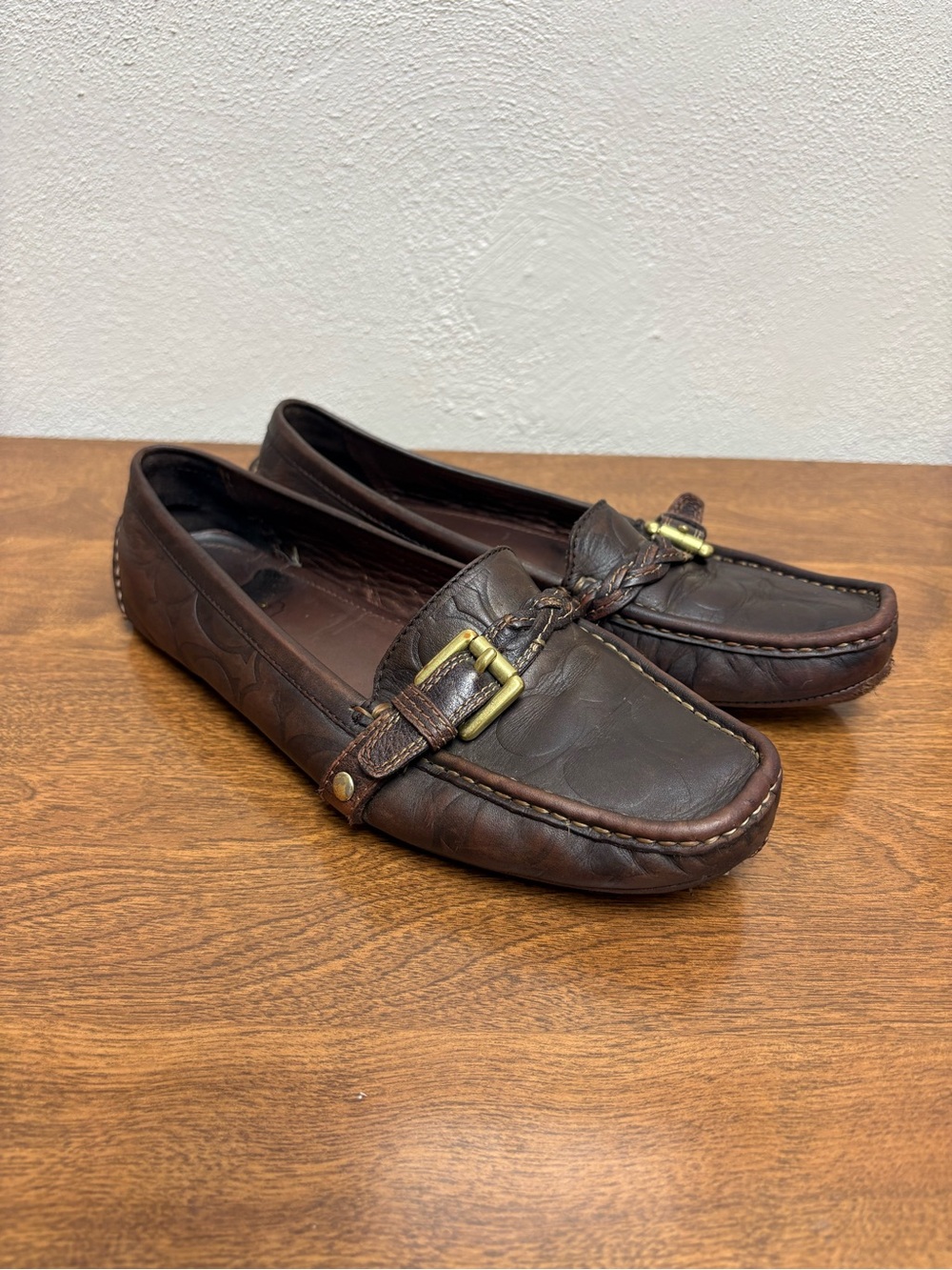 Coach Brown Leather Driving Loafers with Brass Buckle *Flaw